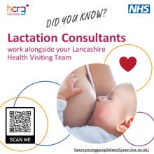 Image showing a baby breastfeeding and text that says Did you know? Lactation consultants working alongside your Lancashire Health Visiting Team