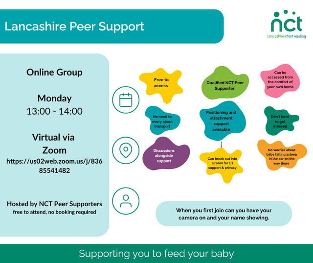 Image showing Online Group, Monday 13:00 - 14:00, hosted by NCT Peer Supporters. Image shows reasons for online such as free to access, access from home, no need to worry about transport and more.